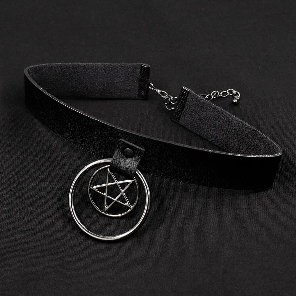 Black Band Silver Pentagram Choker