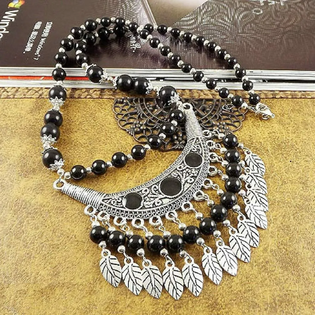 Black Beaded Boho and Silver Leaf Necklace