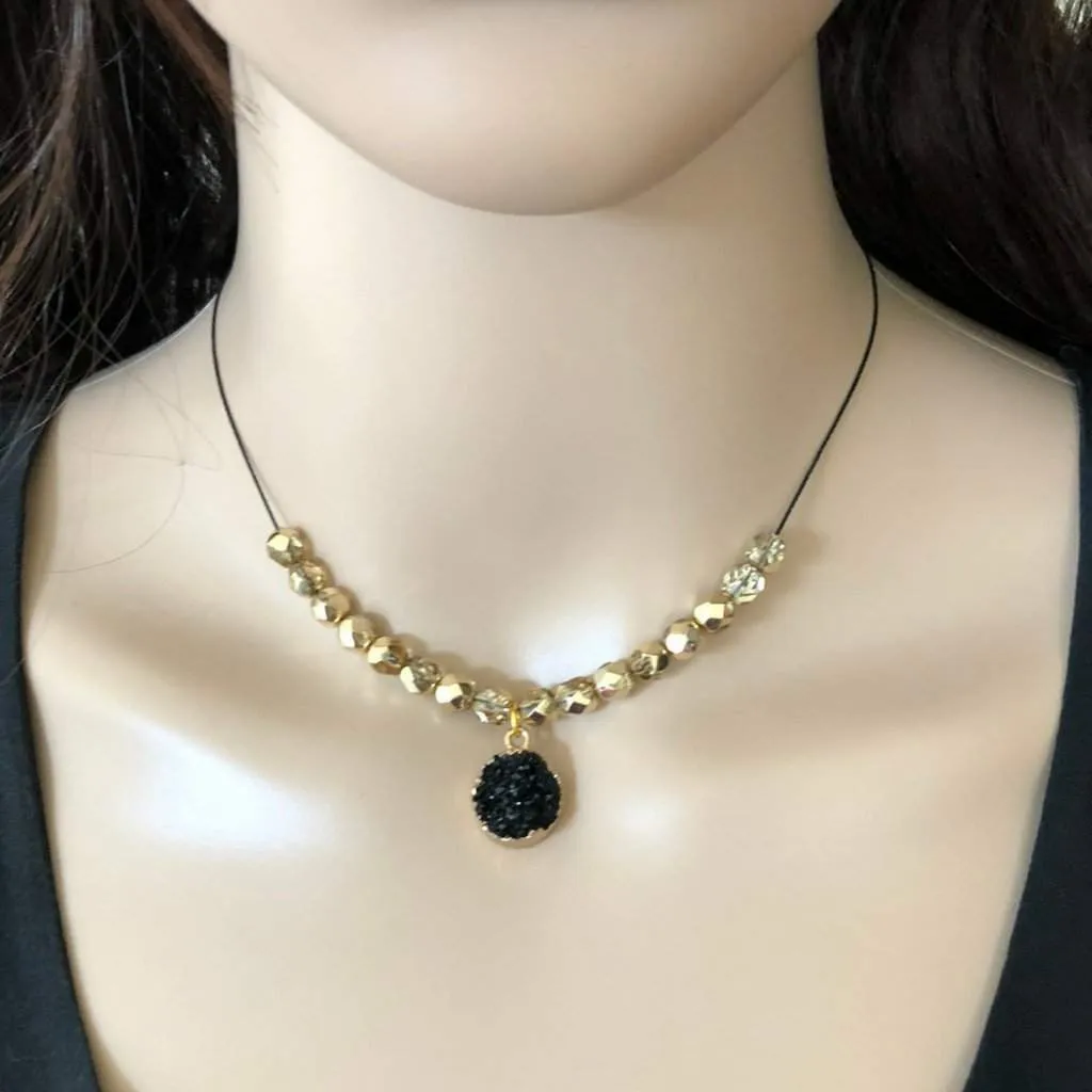 Black Druzy and Gold Beaded Collar Necklace