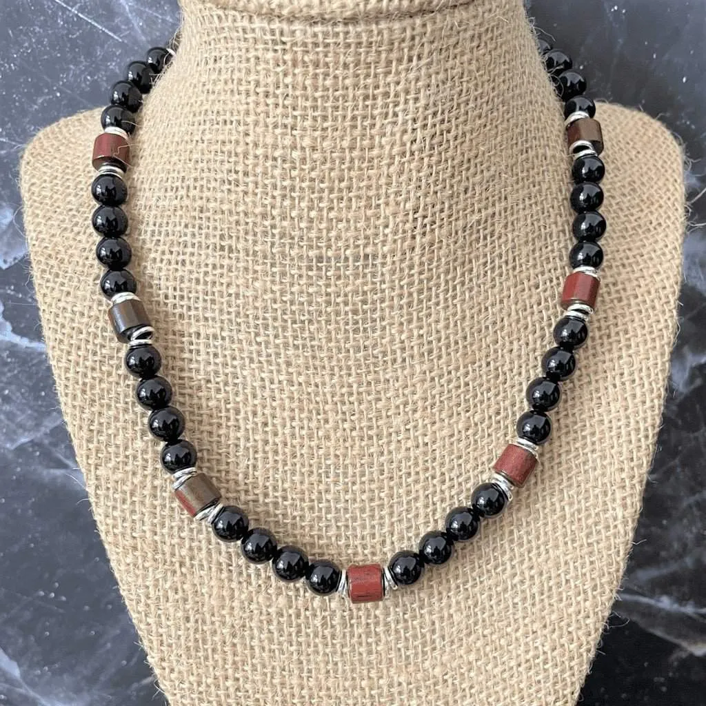 Black Onyx and Rosewood Beaded Mens Necklace