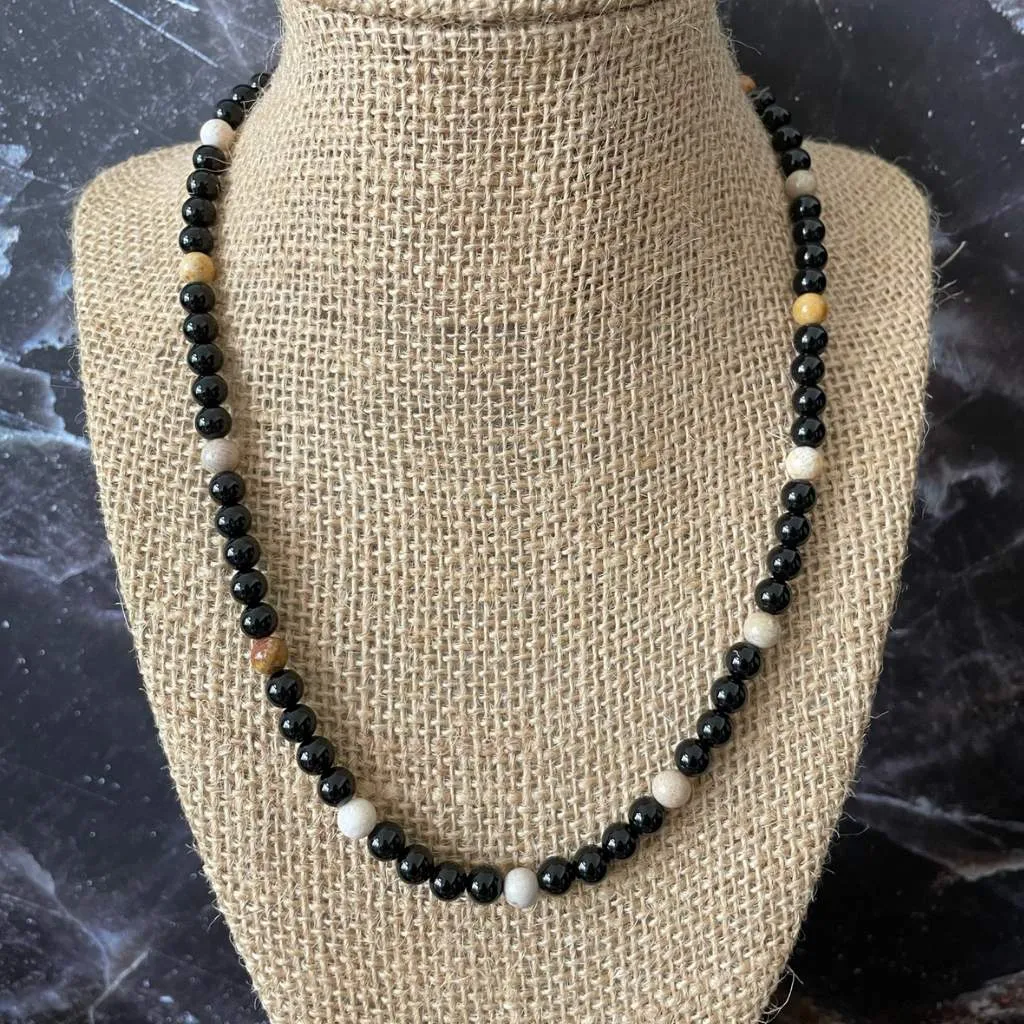 Black Onyx Fossil Jasper Mens Beaded Necklace