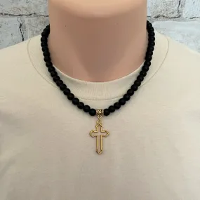 Black Onyx Matte Mens Beaded Gold Cross Necklace