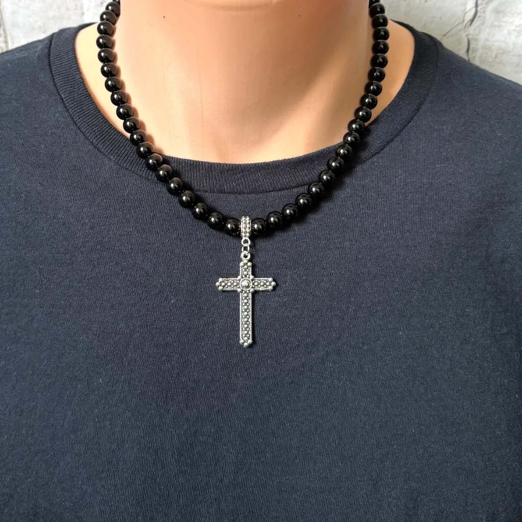 Black Onyx Silver Textured Cross Mens Beaded Necklace