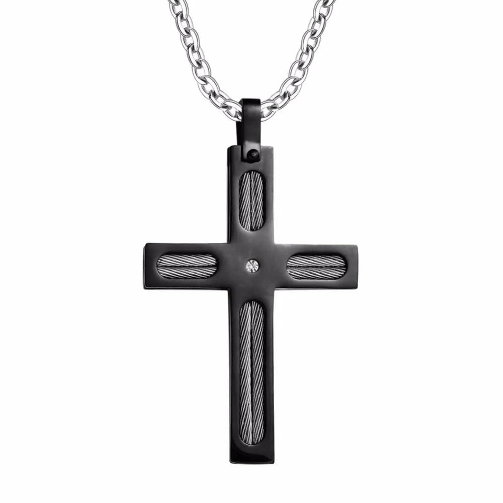 Black Plated Stainless Steel Titanium Wire Cross Pendant Necklace