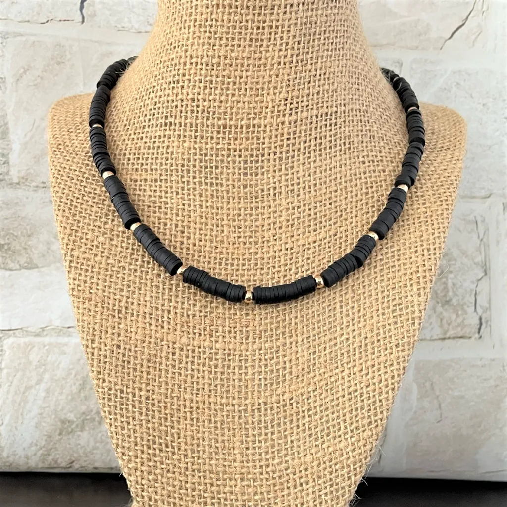 Elegant Mens Necklace with Black Polymer and Gold Beads