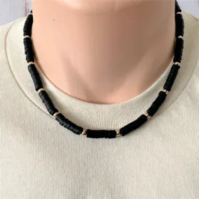 Elegant Mens Necklace with Black Polymer and Gold Beads