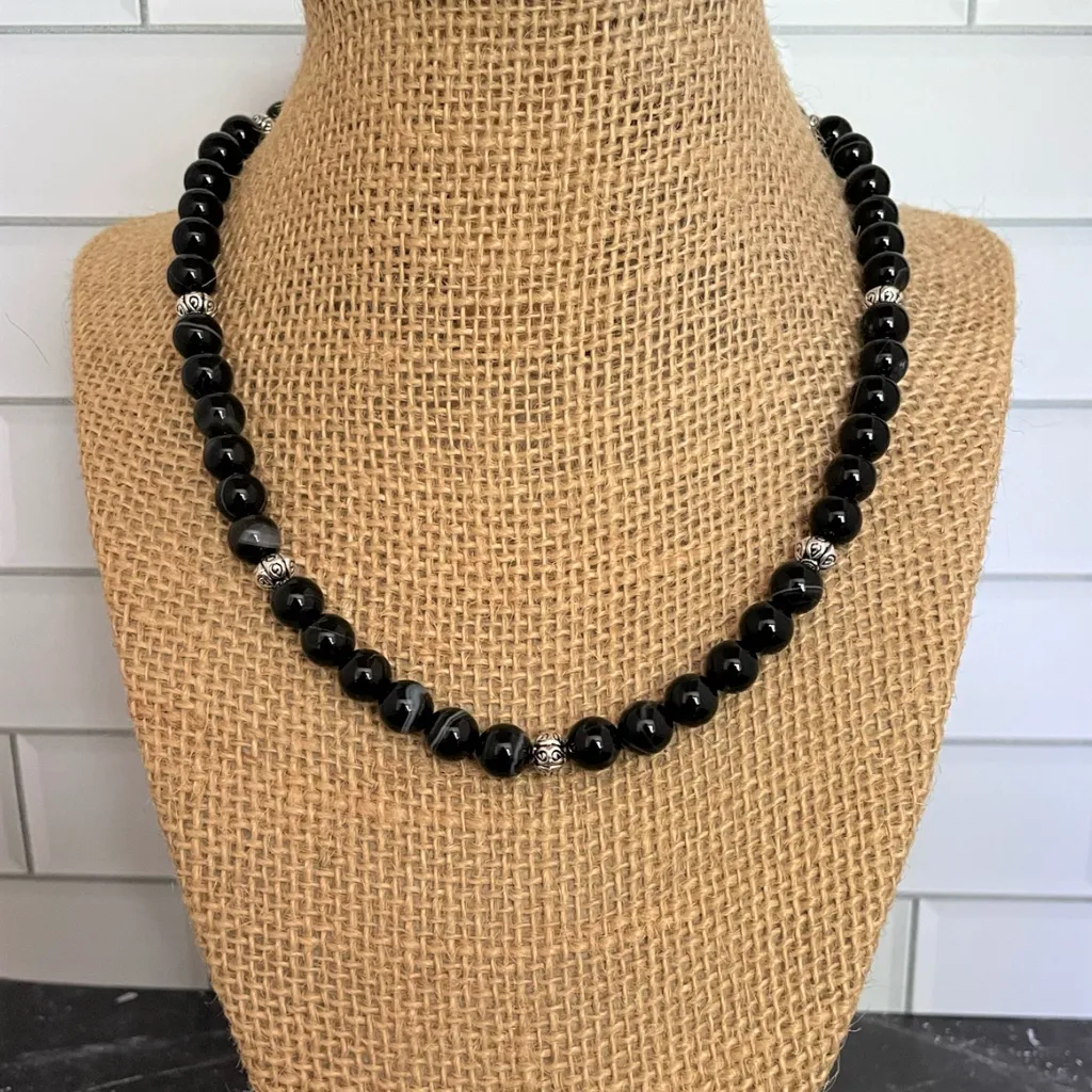 Black Sardonyx and Silver Mens Beaded Necklace