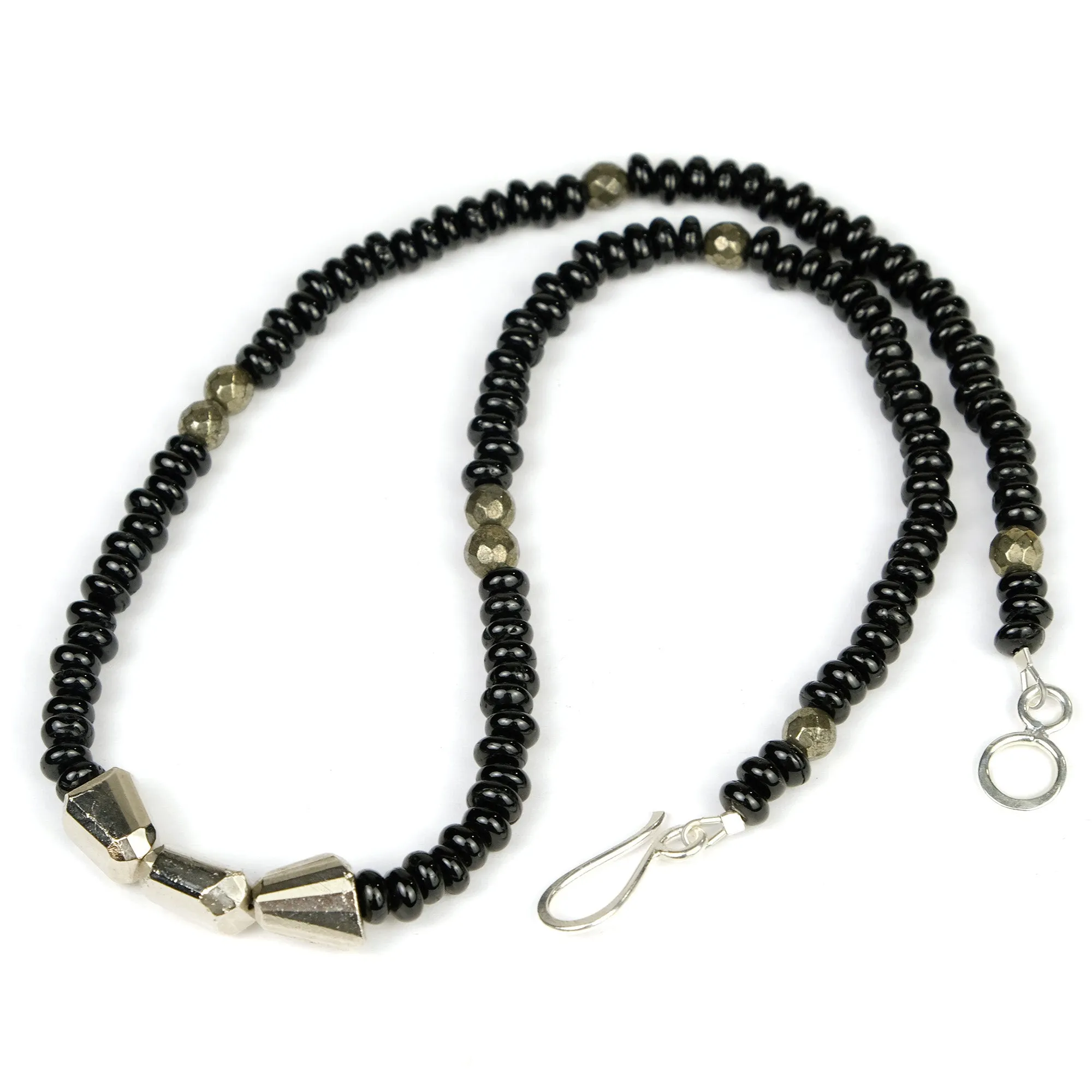 Black Tourmaline 6mm Rondelle with Pyrite Necklace with Silver Plated Hook Clasp