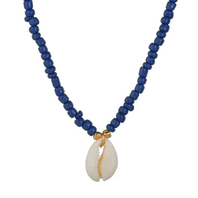 Blue and White Beaded Necklace with Puka Shell Pendant