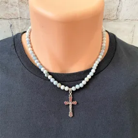 Blue and White Matte Agate and Silver Cross Mens Beaded Necklace