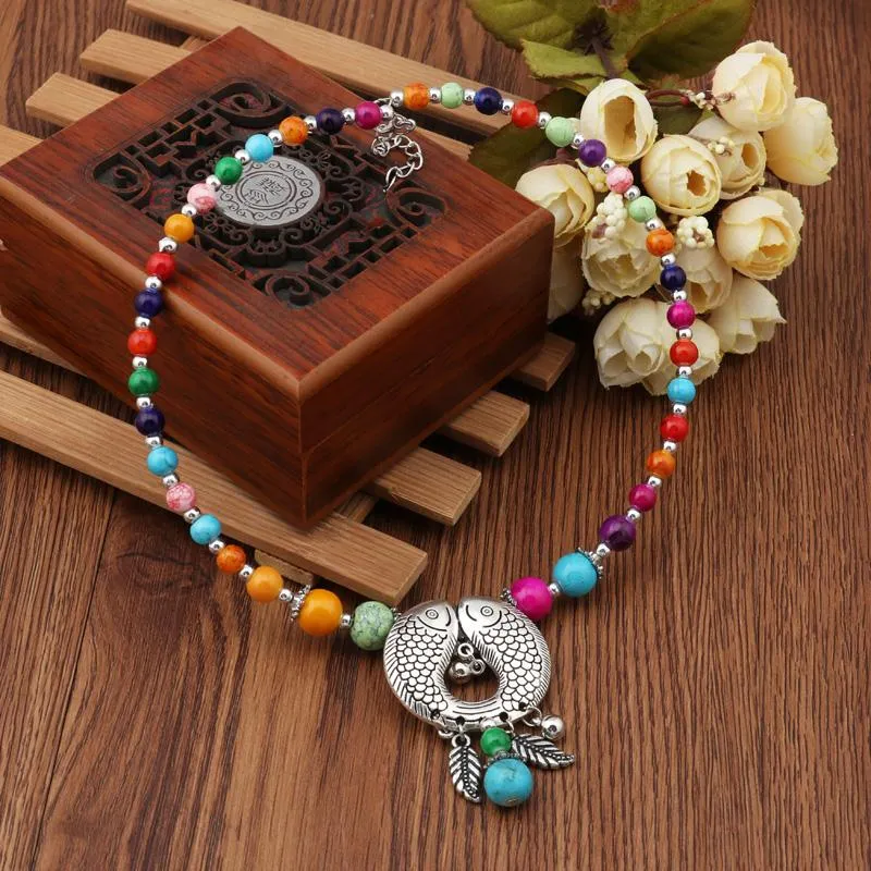 Bohemian Natural Stone Beads Fish Pendant Necklace