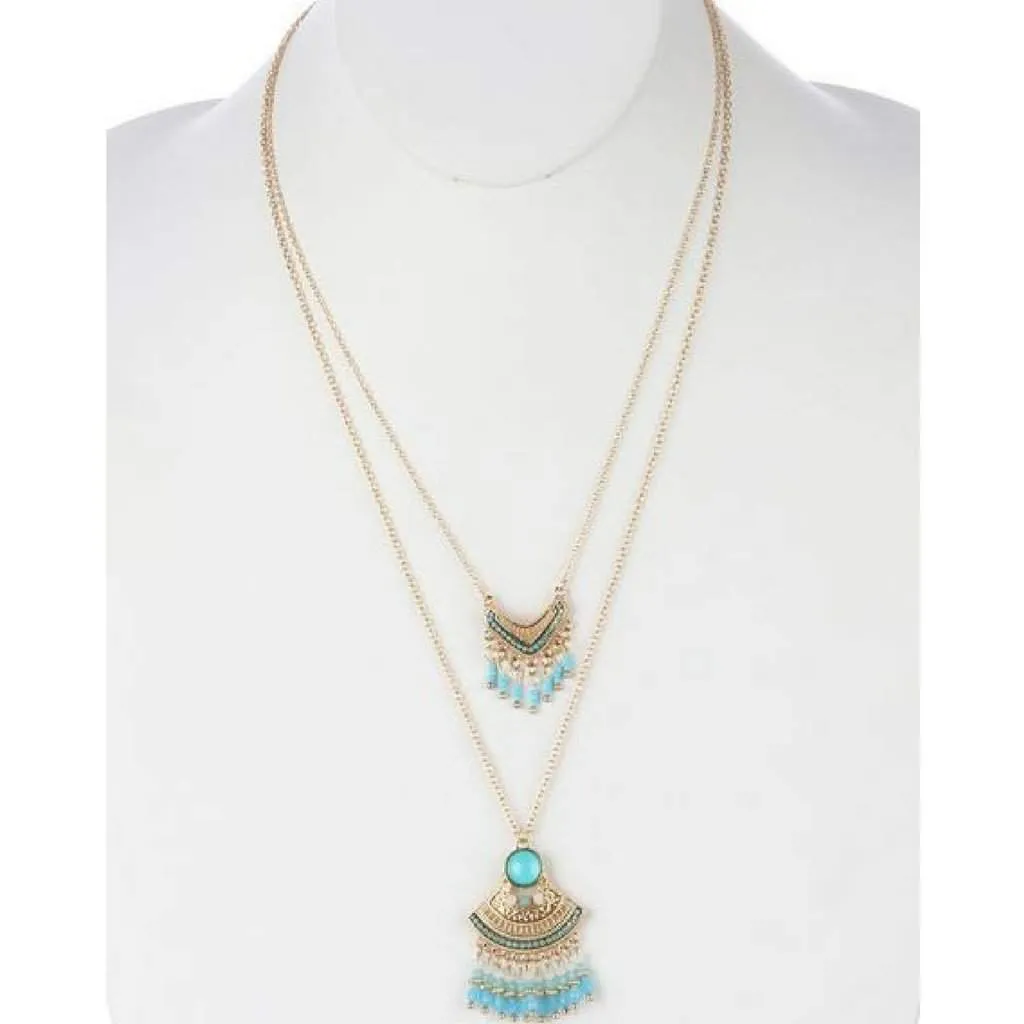 Bohemian Style Turquoise Double Layered Fringe Necklace