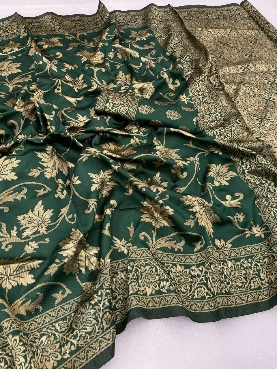 Bottle Green Banarasi Soft Silk Saree With Blouse