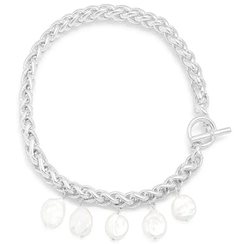 Braided link short necklace with large flat pearl dangles and side clasp