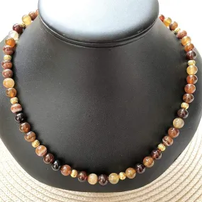 Brown Agate and Gold Mens Beaded Necklace