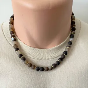 Brown Matte Agate and Gold Ring Mens Beaded Necklace