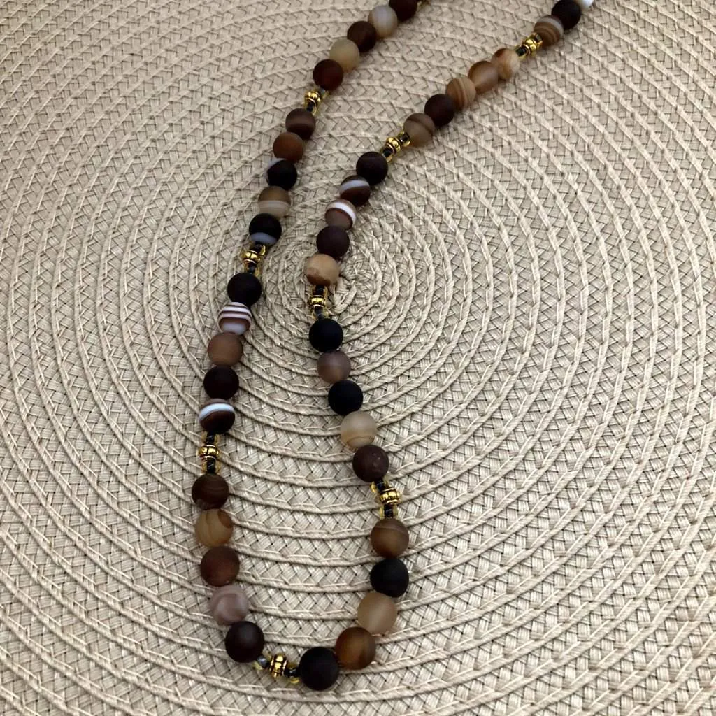 Brown Matte Agate Mens Beaded Necklace