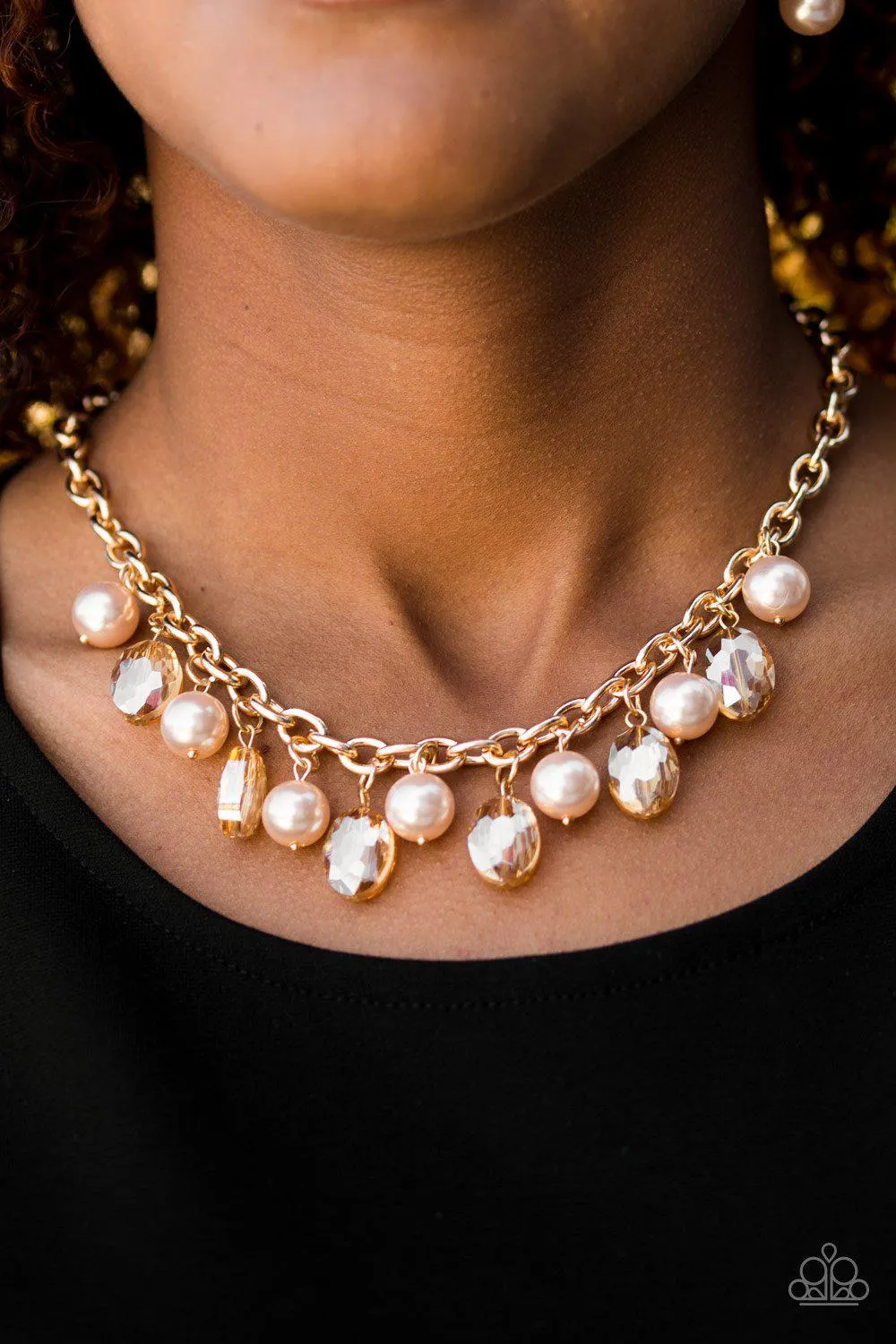 Celebrity Status Gold Pearl and Crystal Necklace - Paparazzi Accessories