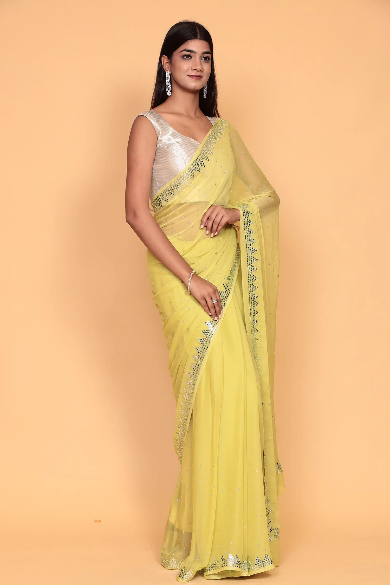 Chiffon Saree with Mirror, Swarovski work.