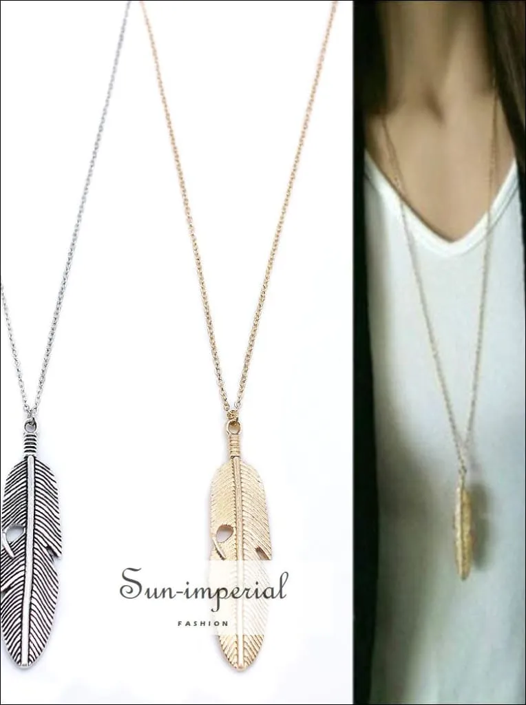 Classic Feather Pendant Necklace Long Chain Statement Necklace for Women