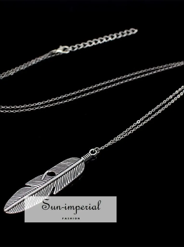 Classic Feather Pendant Necklace Long Chain Statement Necklace for Women