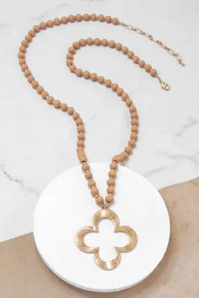 Clover Long Wooden Bead Necklace with gold Flower - Nude Neutral