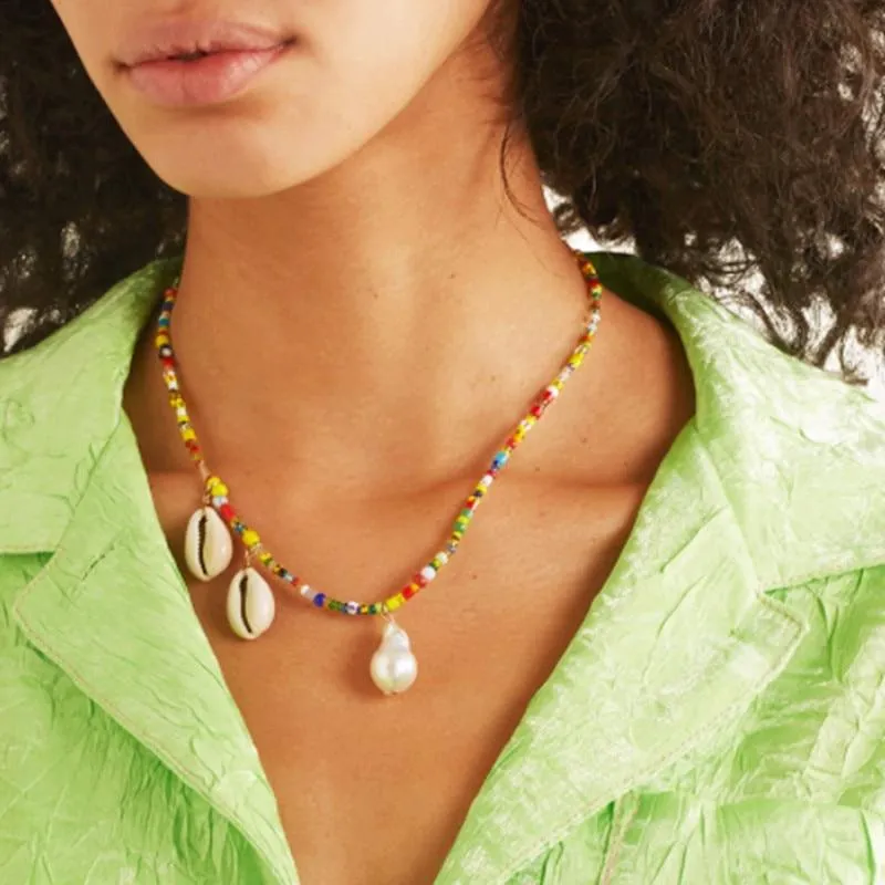 Colorful Beaded Necklace with Puka Shell and Stone Pendant