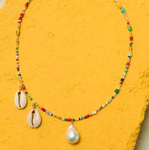 Colorful Beaded Necklace with Puka Shell and Stone Pendant