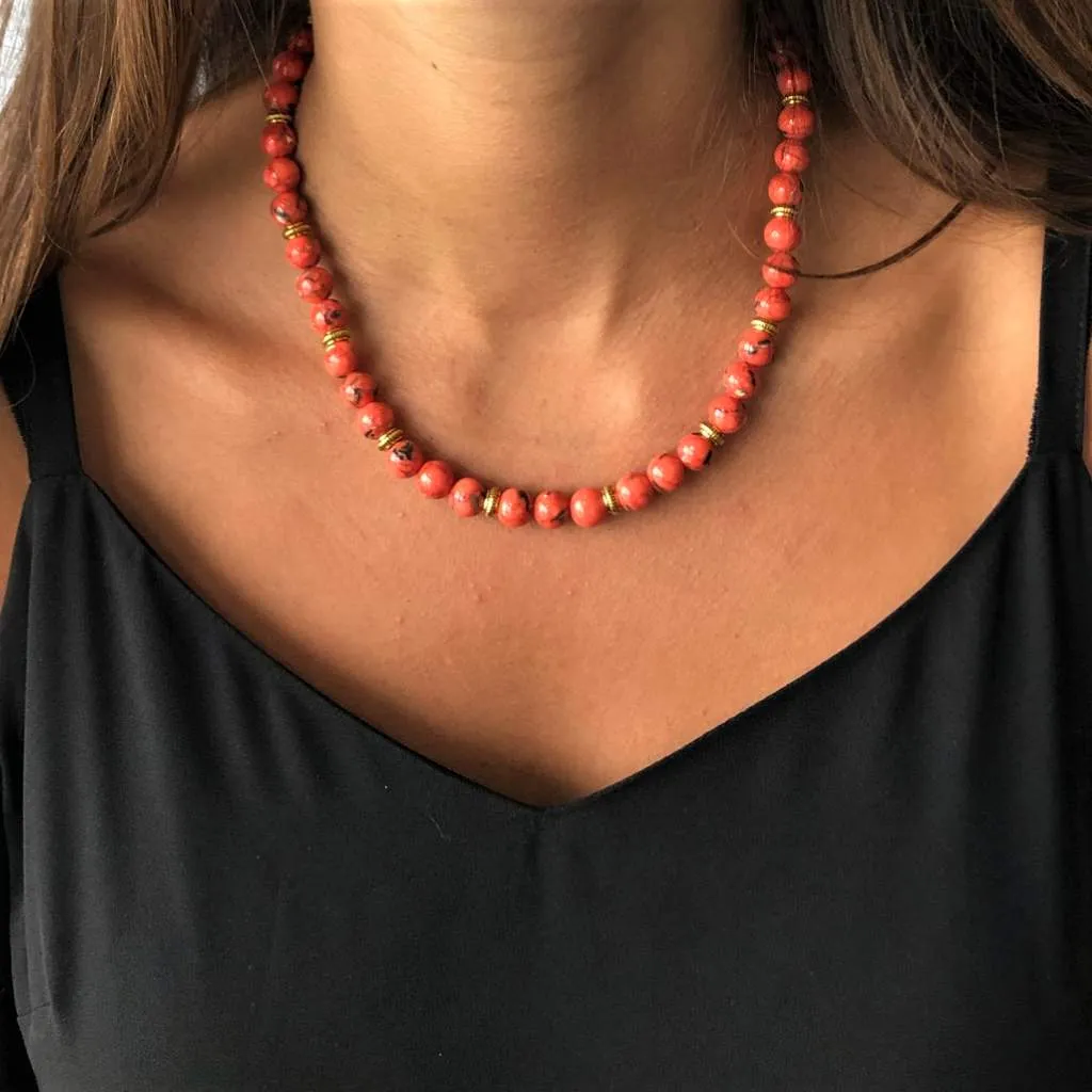 Coral Mosaic Shell and Gold Beaded Necklace