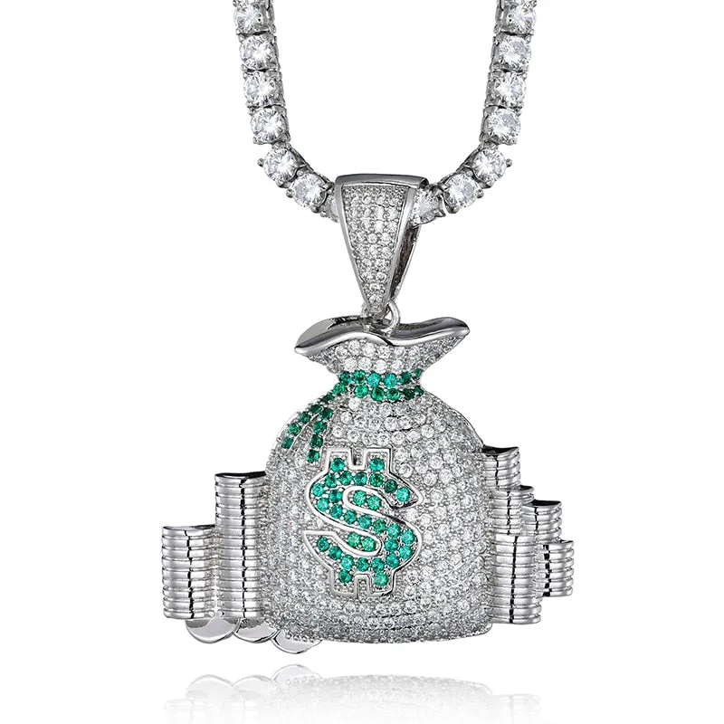 Cubic-Zirconia-Studded Money Bag Bling Hip-hop Pendant Necklace