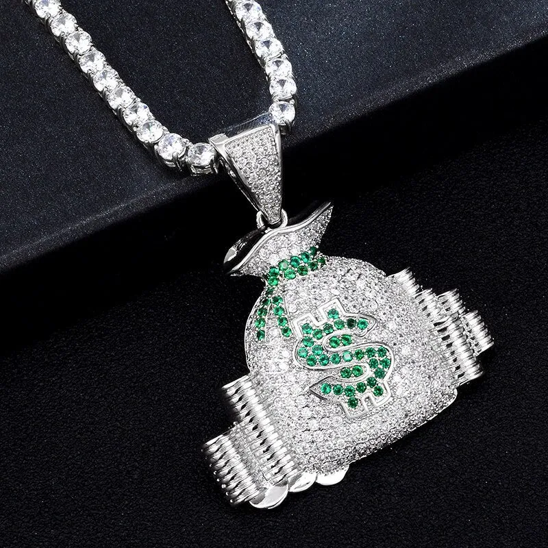 Cubic-Zirconia-Studded Money Bag Bling Hip-hop Pendant Necklace