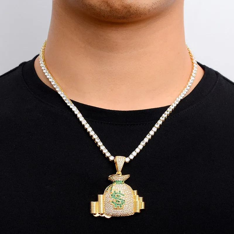 Cubic-Zirconia-Studded Money Bag Bling Hip-hop Pendant Necklace