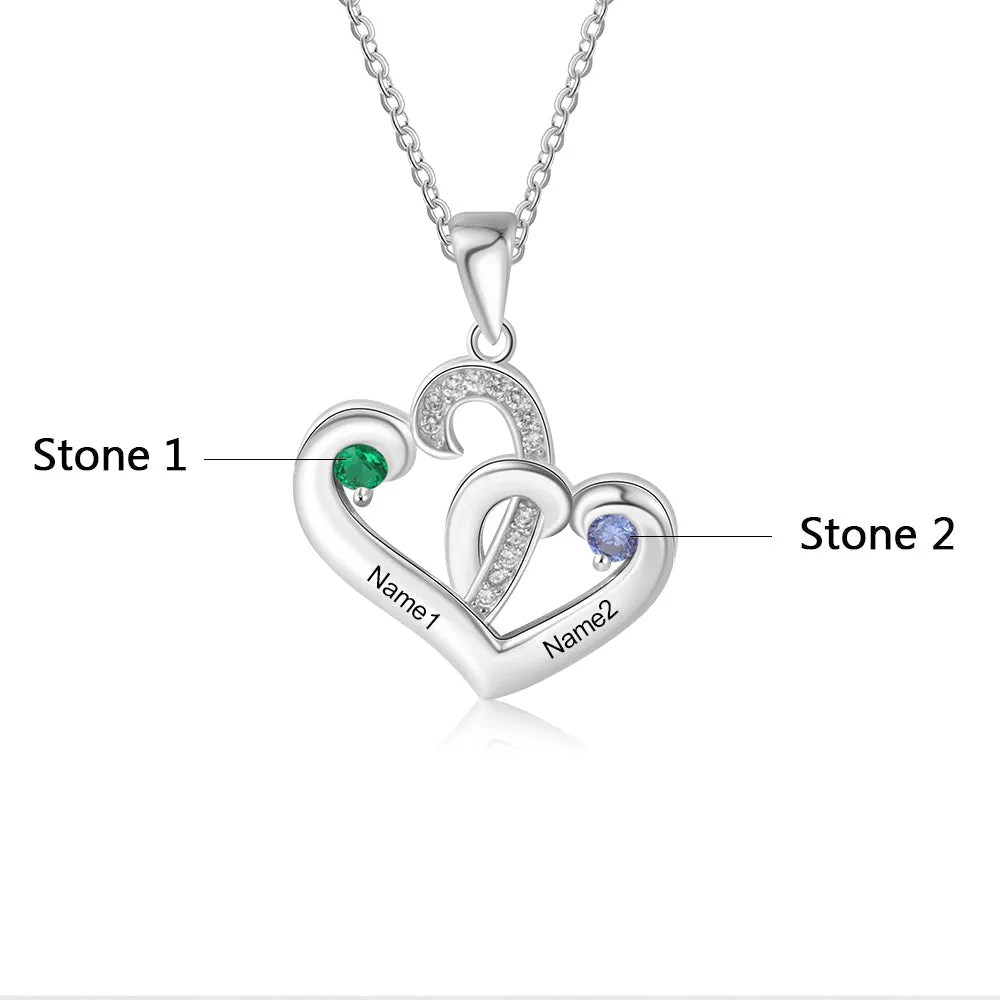 Custom Engraved 2 Stone Heart Name Necklace  - 2 Birthstone Mother's Necklace