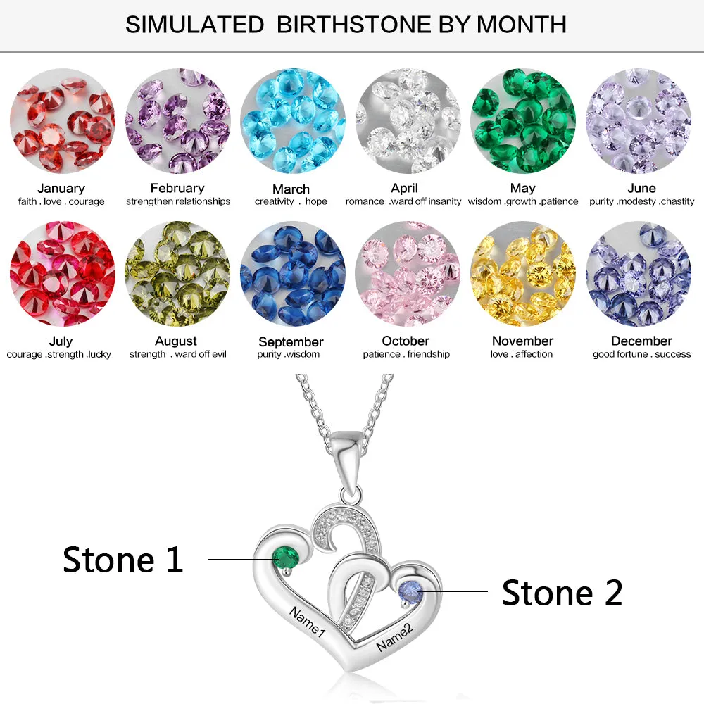 Custom Engraved 2 Stone Heart Name Necklace  - 2 Birthstone Mother's Necklace