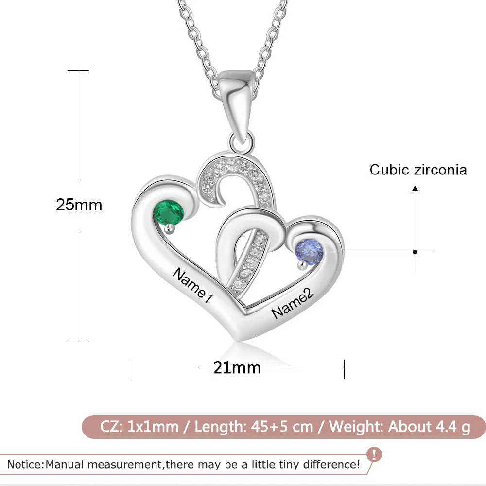 Custom Engraved 2 Stone Heart Name Necklace  - 2 Birthstone Mother's Necklace