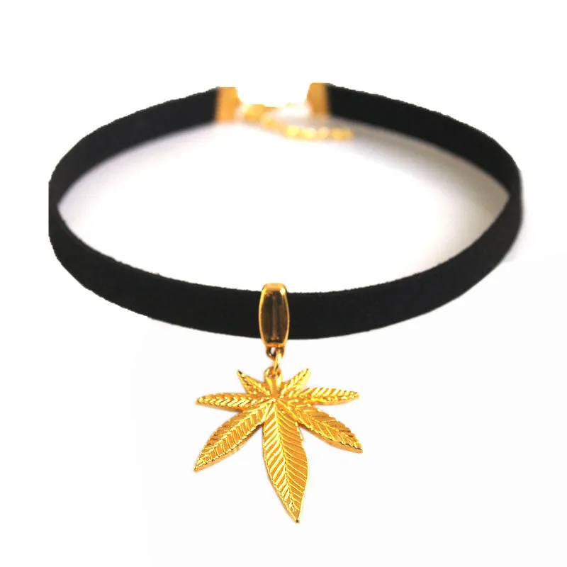 Dank Master Gold Weed Leaf Choker Necklace