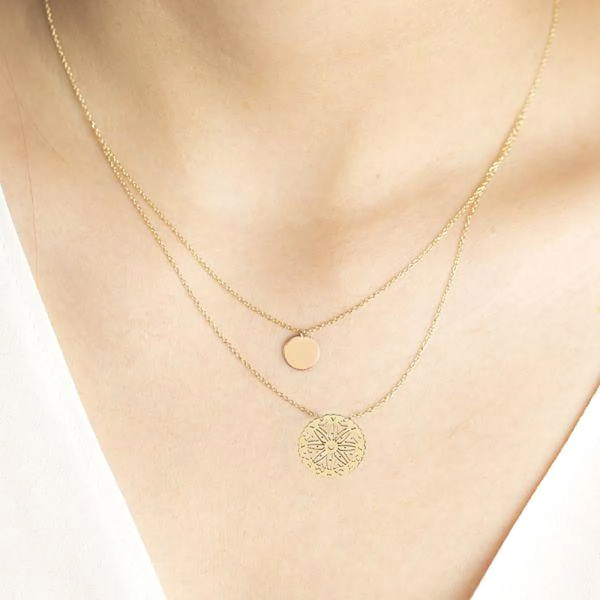 Double Wrap Disc & Medallion Necklace