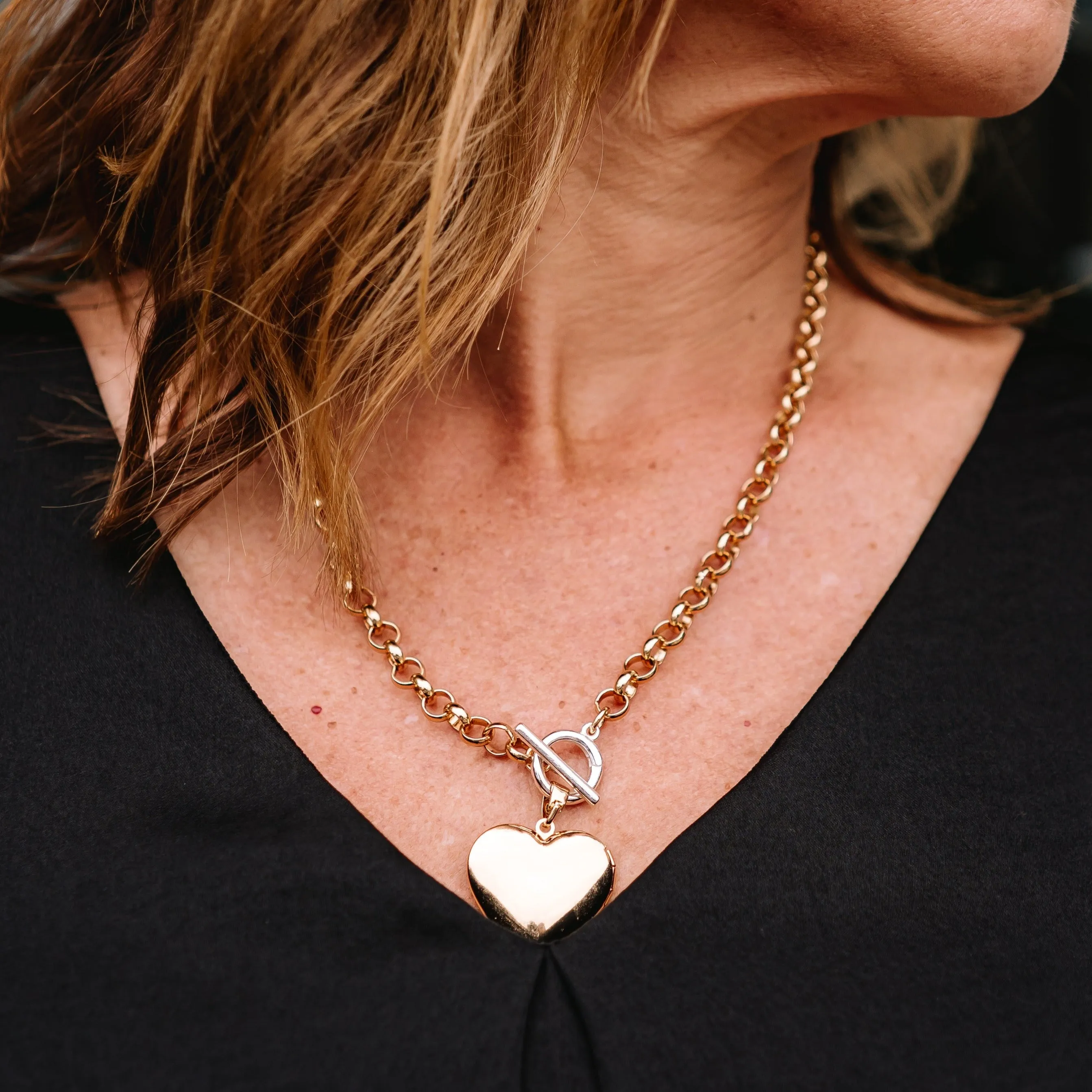 Dristyn Chunky Heart Locket Chain Mixed Metal Necklace