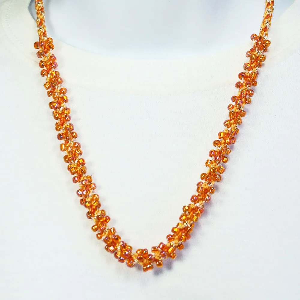 Edwina, Peach Color Beaded Kumihimo Stitch, Braided Necklace