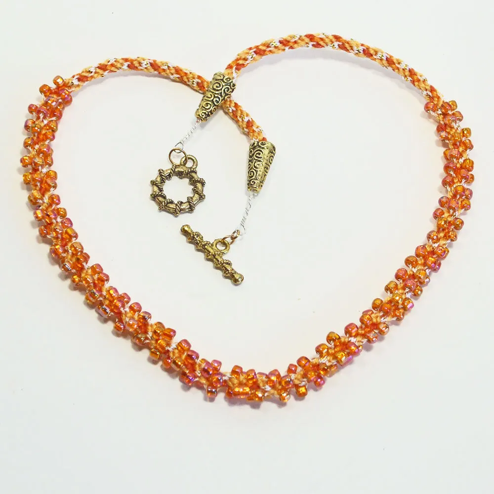 Edwina, Peach Color Beaded Kumihimo Stitch, Braided Necklace