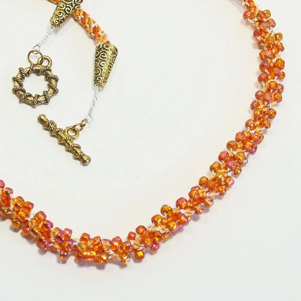 Edwina, Peach Color Beaded Kumihimo Stitch, Braided Necklace