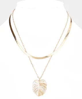 Enamel Tropical Leaf Pendant Double Layered Necklace