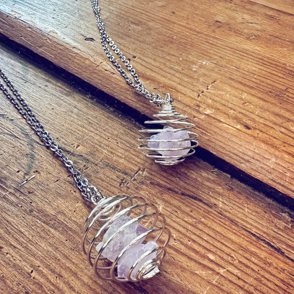 encapsulate silver // caged amethyst quartz crystal gemstone necklace