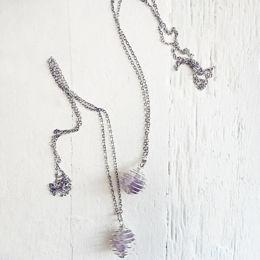 encapsulate silver // caged amethyst quartz crystal gemstone necklace