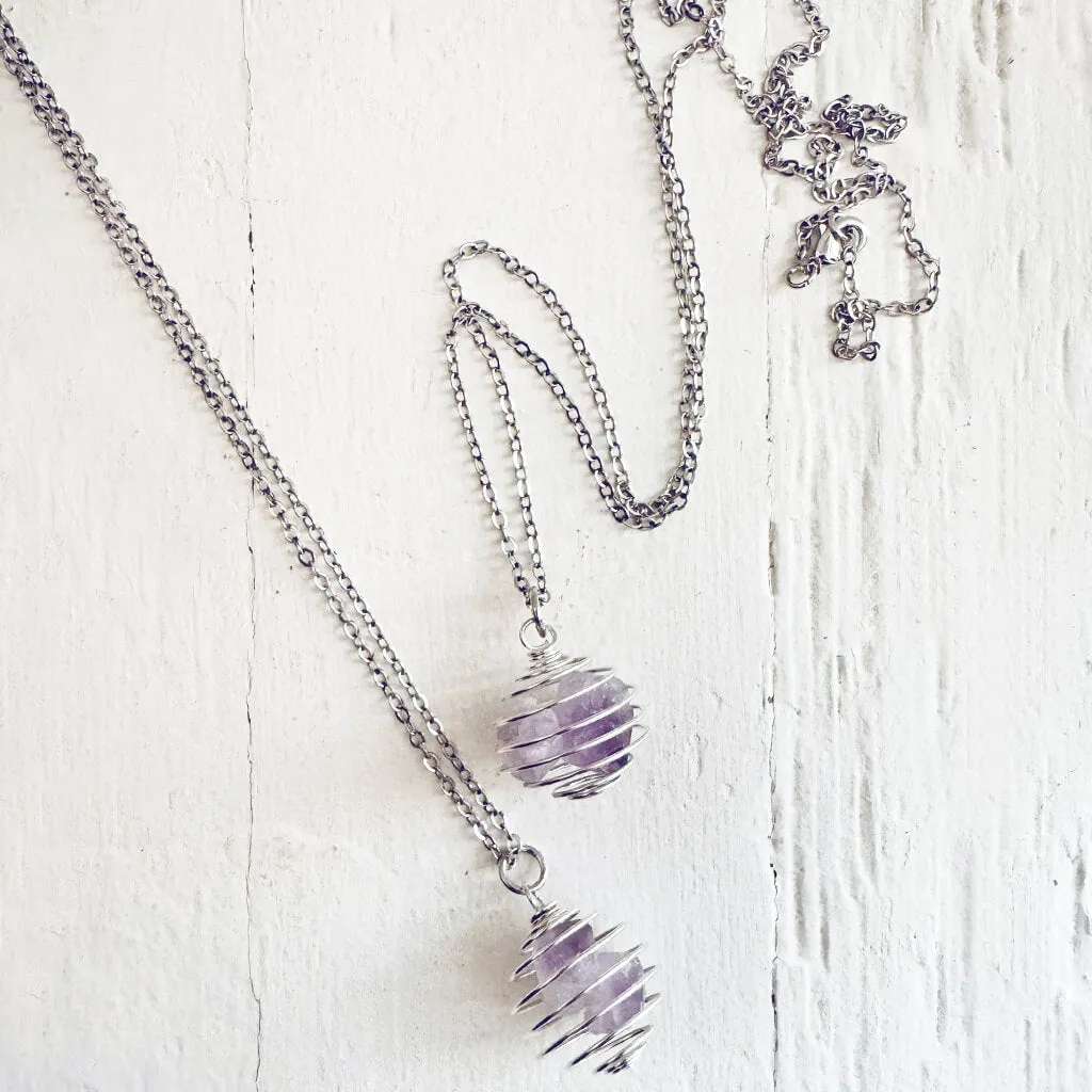 encapsulate silver // caged amethyst quartz crystal gemstone necklace