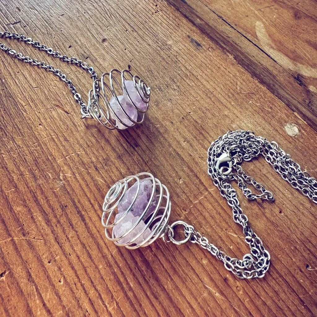 encapsulate silver // caged amethyst quartz crystal gemstone necklace