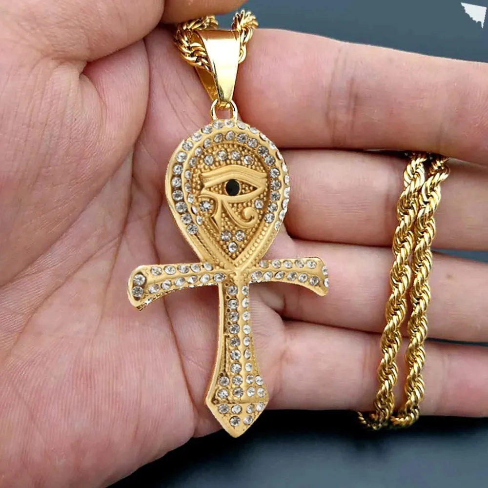 Eye of Horus Egyptian Ankh Pendant Rope Chain Rhinestones Necklace