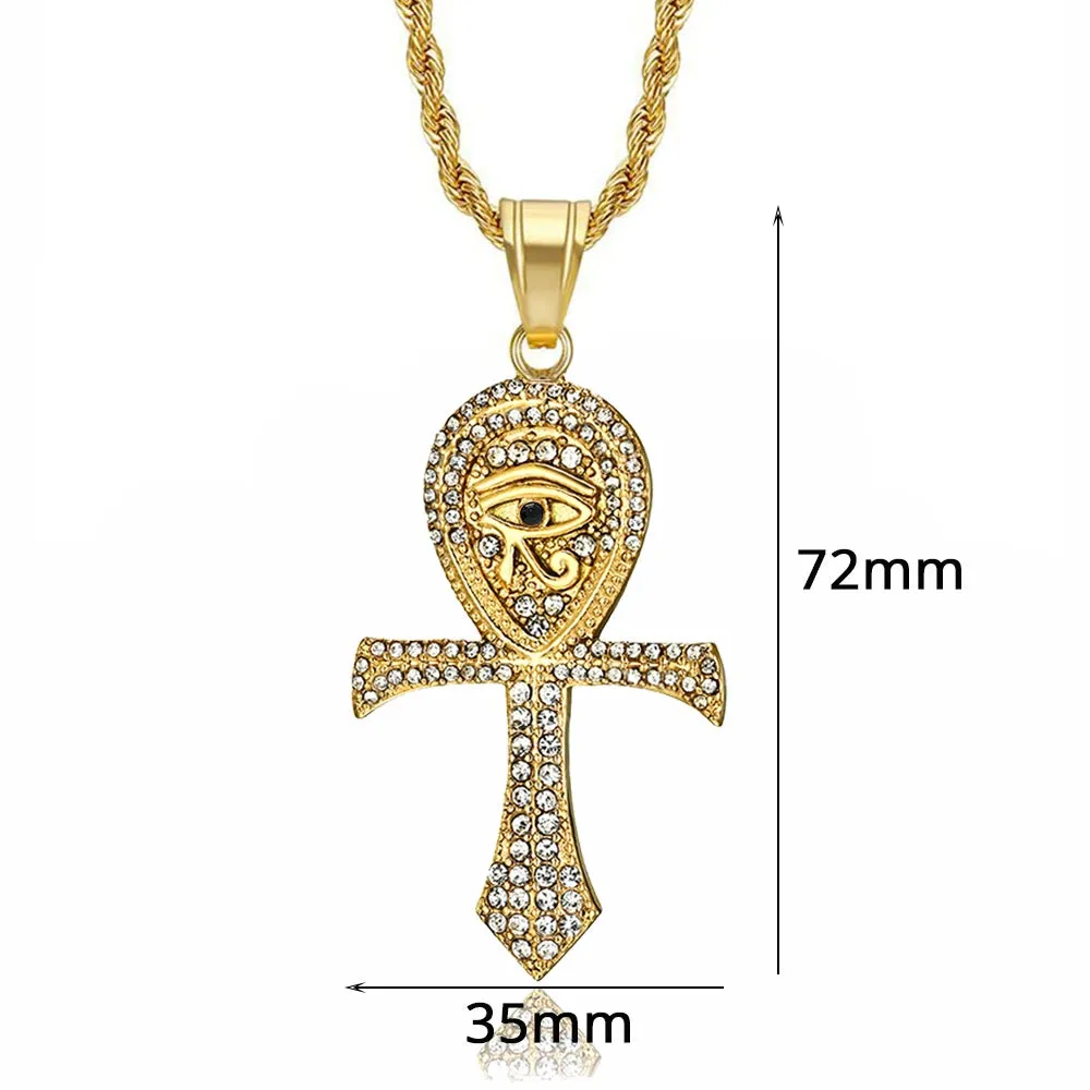 Eye of Horus Egyptian Ankh Pendant Rope Chain Rhinestones Necklace