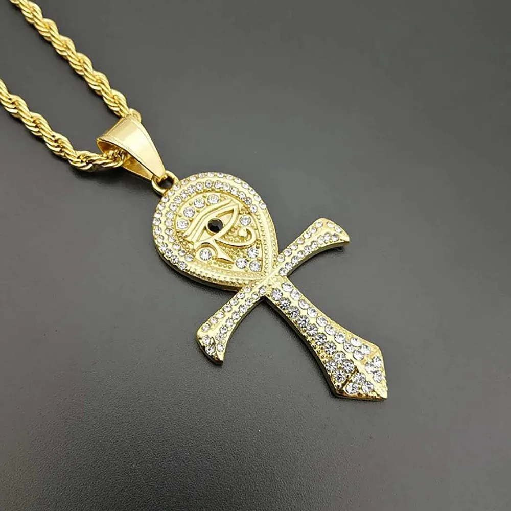 Eye of Horus Egyptian Ankh Pendant Rope Chain Rhinestones Necklace