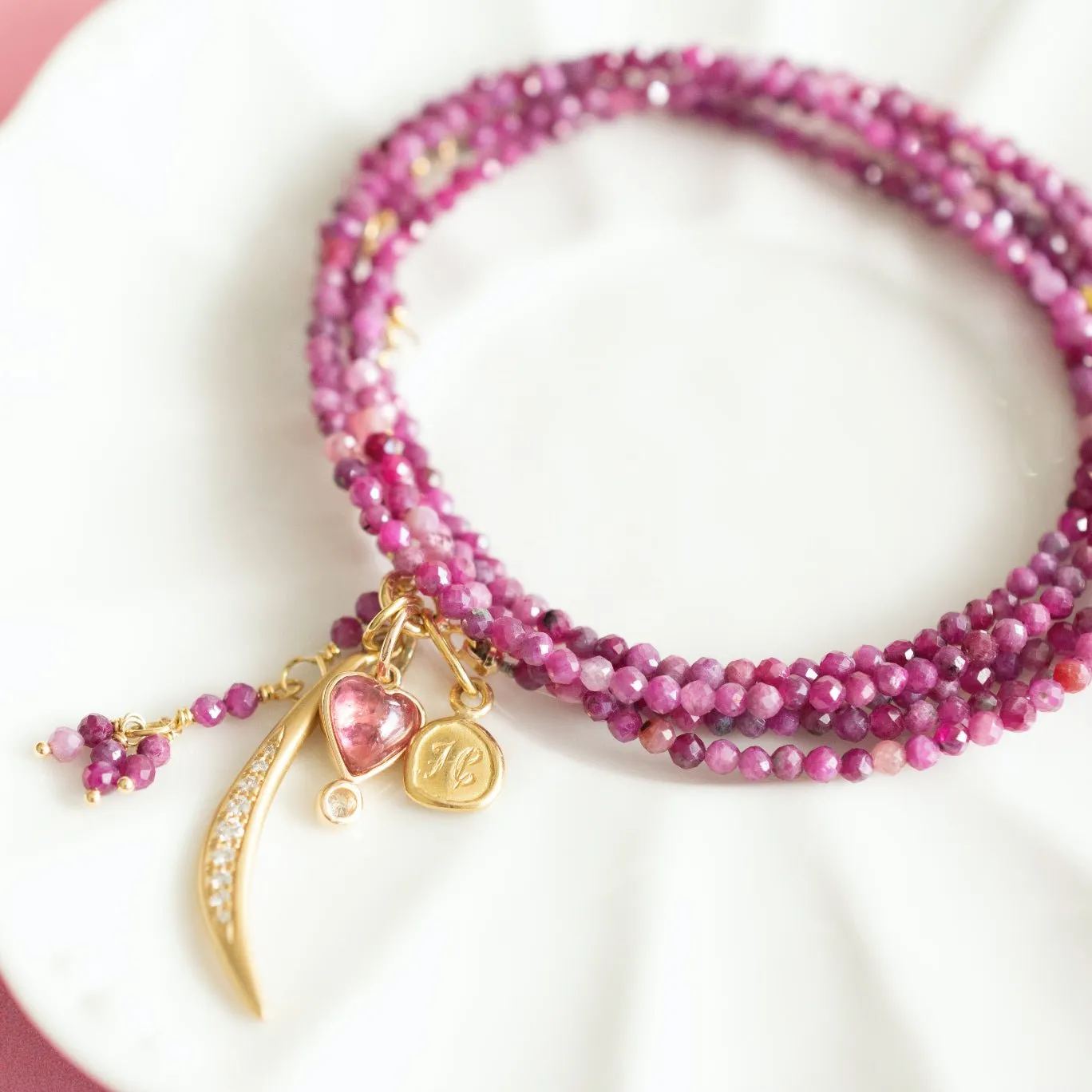 Faceted Multi Pink Ruby Beaded Wrap Bracelet